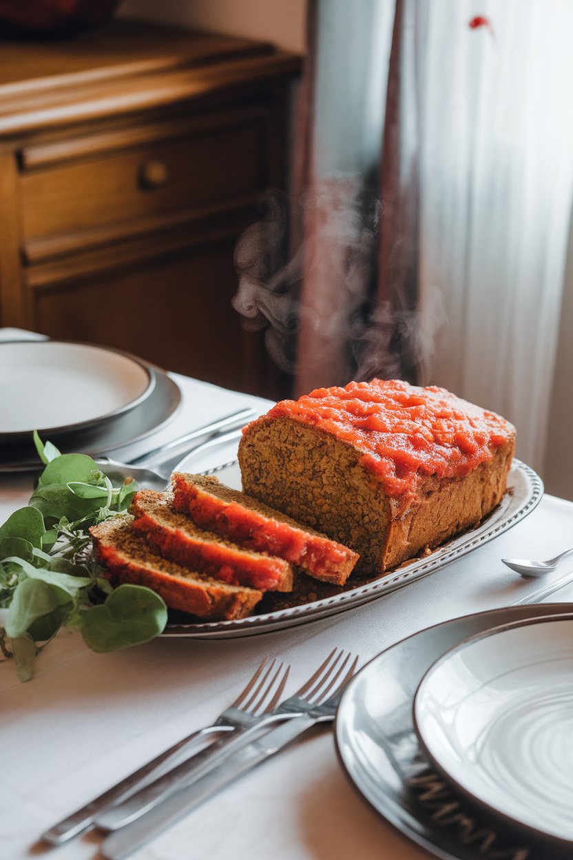An indoor dining table with a sliced lentil loaf glazed in tomato sauce, steam visible; no text or logos, photo only