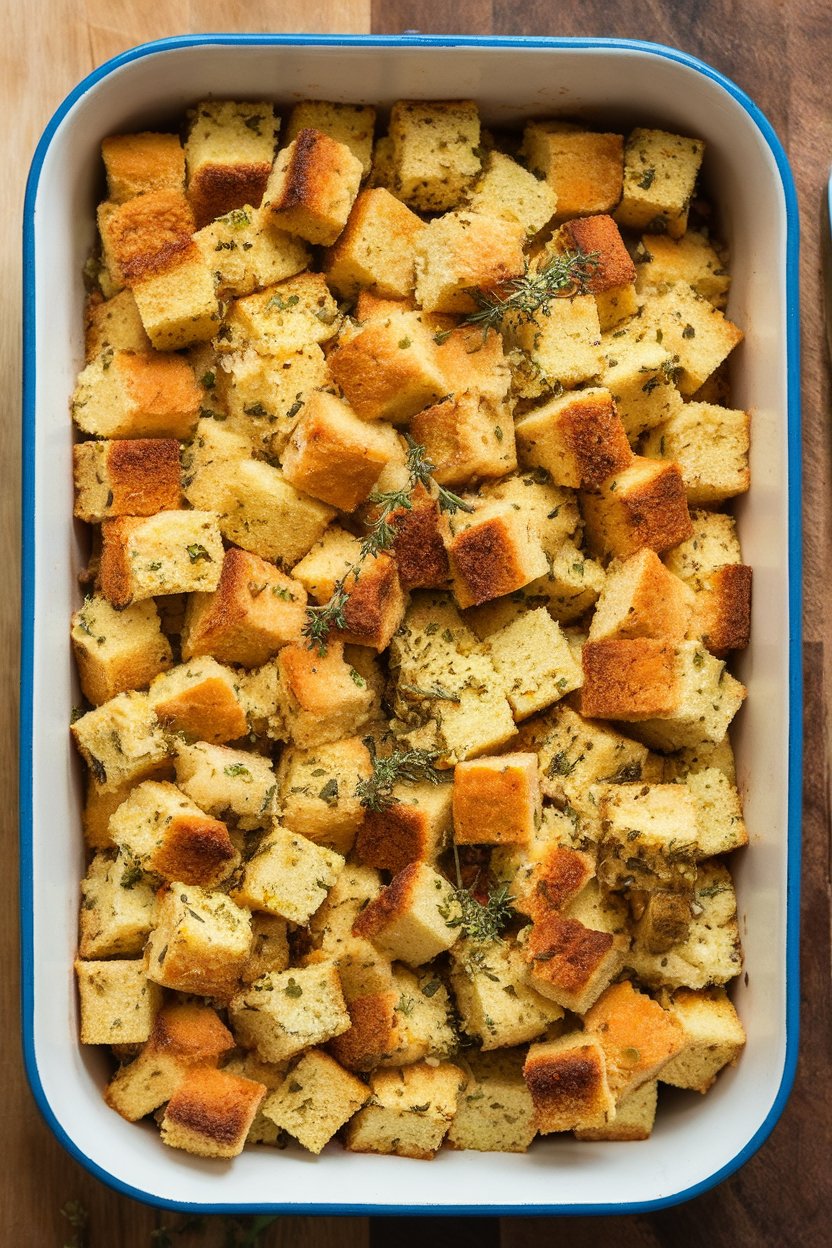 A casserole dish indoors with golden cubes of whole-grain cornbread stuffing, herbs visible; no text or logos, photo only
