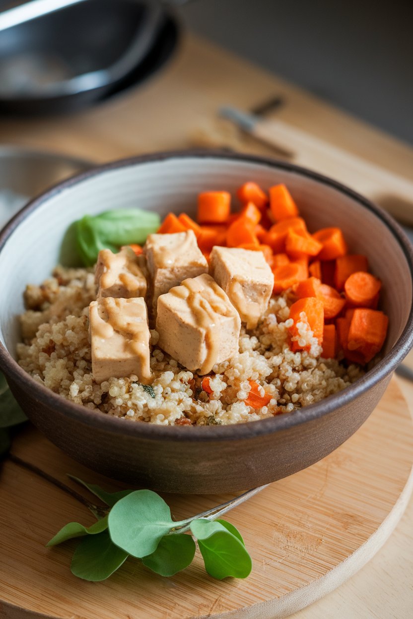 Indoor ceramic bowl filled with quinoa, roasted carrots, marinated tofu cubes, and a drizzle of miso-ginger dressing; soft side light; photo, no text or logos.