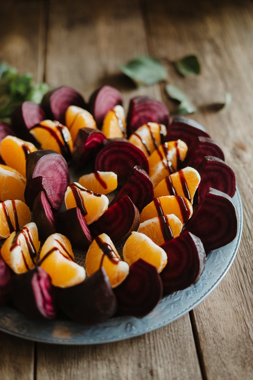 A platter indoors displaying ruby beet wedges and orange segments drizzled with balsamic glaze; no text or logos, photo only