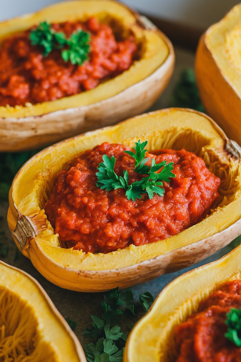 Photo of spaghetti squash halves filled with roasted garlic marinara and sprinkled with parsley, shot indoors. No text or logos present.