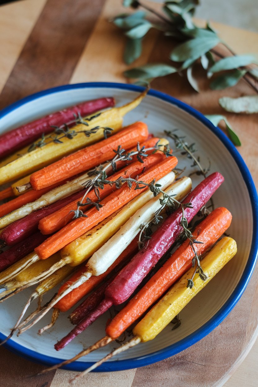 A ceramic platter indoors showing colorful roasted carrot and parsnip sticks glazed with honey and thyme—no logos or text. Photo.
