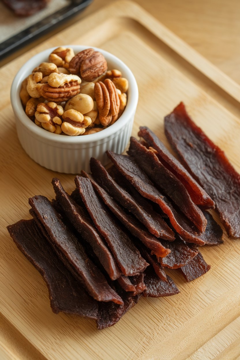 An indoor snack tray with thin strips of dark, cooked beef jerky arranged neatly beside a small ramekin of nuts. No text or logos present.