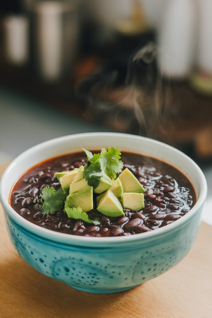An indoor soup bowl of dark black bean soup topped with diced avocado and cilantro, steam visible. No text or logos.