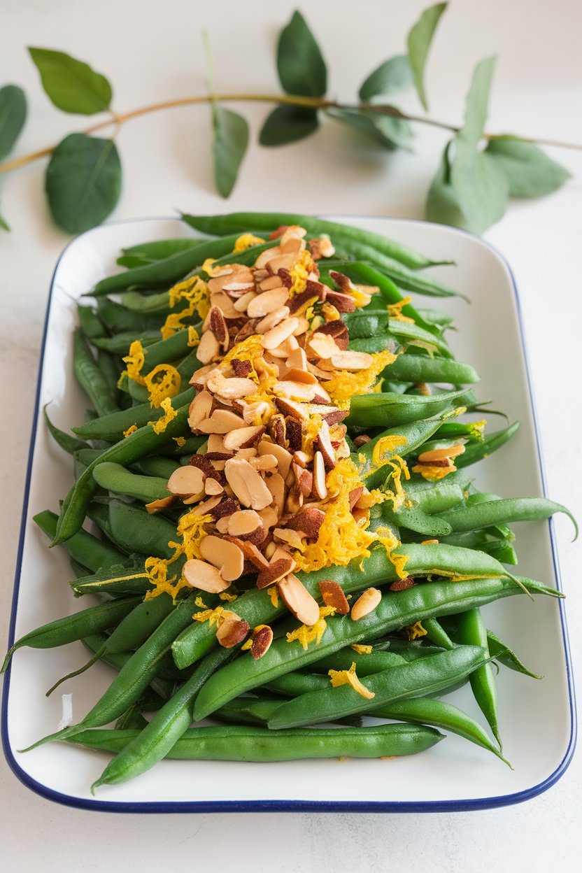 White platter indoors displaying vibrant green beans topped with toasted almond slices and lemon zest. No text or logos. Photo only.