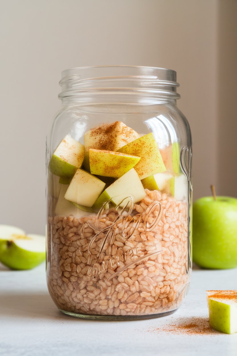 A clear indoor jar of cooked farro soaked overnight with almond milk, topped with cinnamon-dusted apple cubes, no logos.