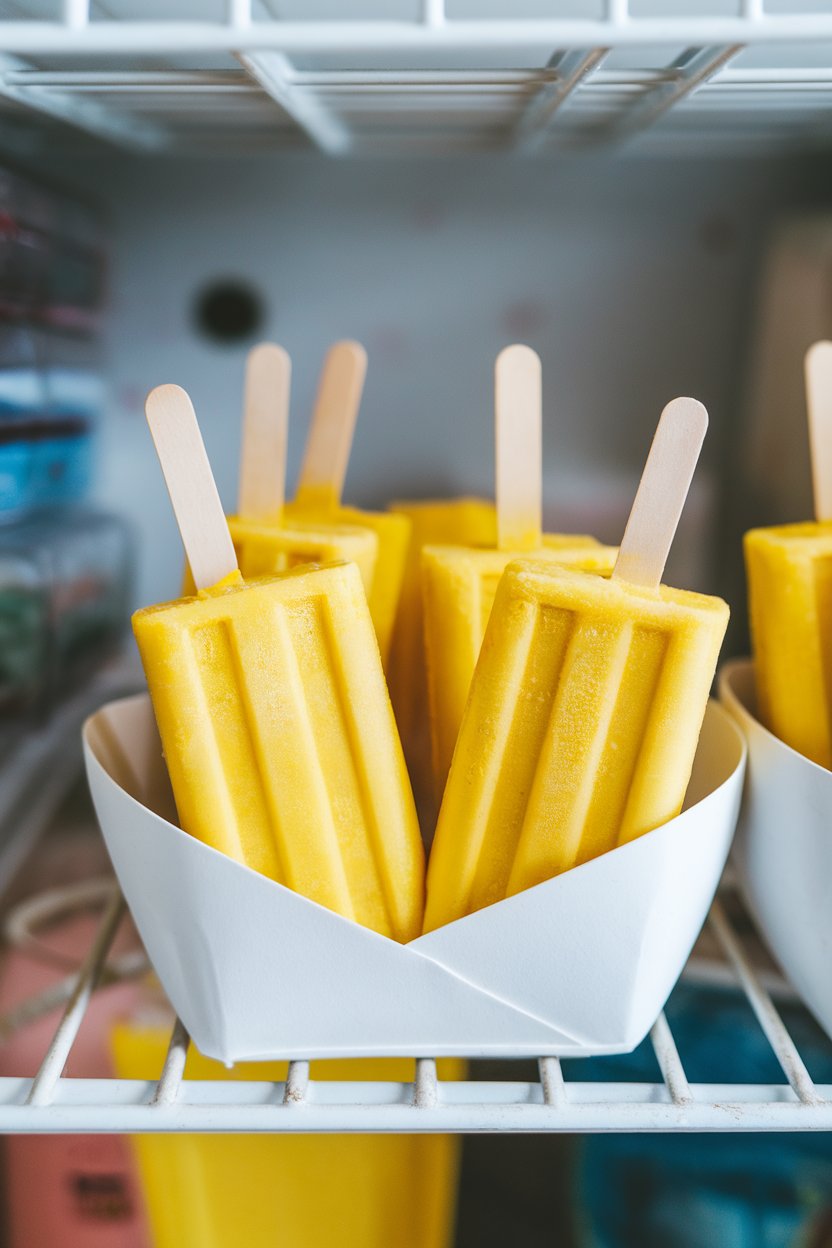An indoor freezer shelf with bright yellow turmeric coconut milk popsicles, photo, no logos.