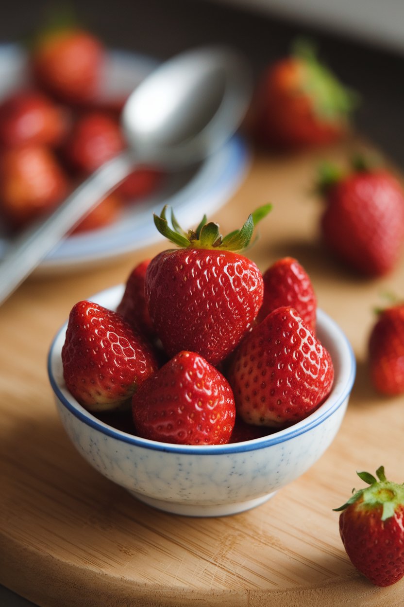 Indoor photo of roasted strawberries in a small bowl, juices thick and glossy. No text or logos.