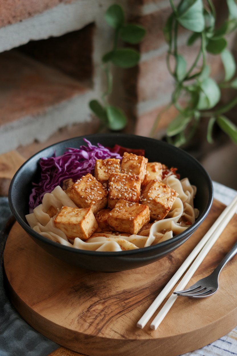 An indoor setting with a bowl of flat rice noodles, pan-seared tofu cubes, shredded red cabbage, and sesame seeds; no text or logos.