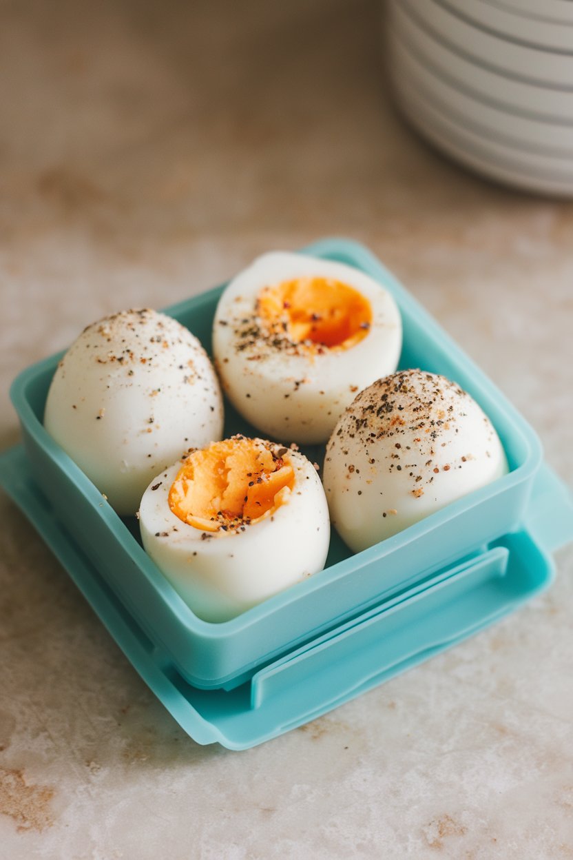 An indoor countertop displaying peeled hard-boiled eggs sprinkled with everything bagel seasoning, arranged on a small reusable silicone pouch. No text or logos.