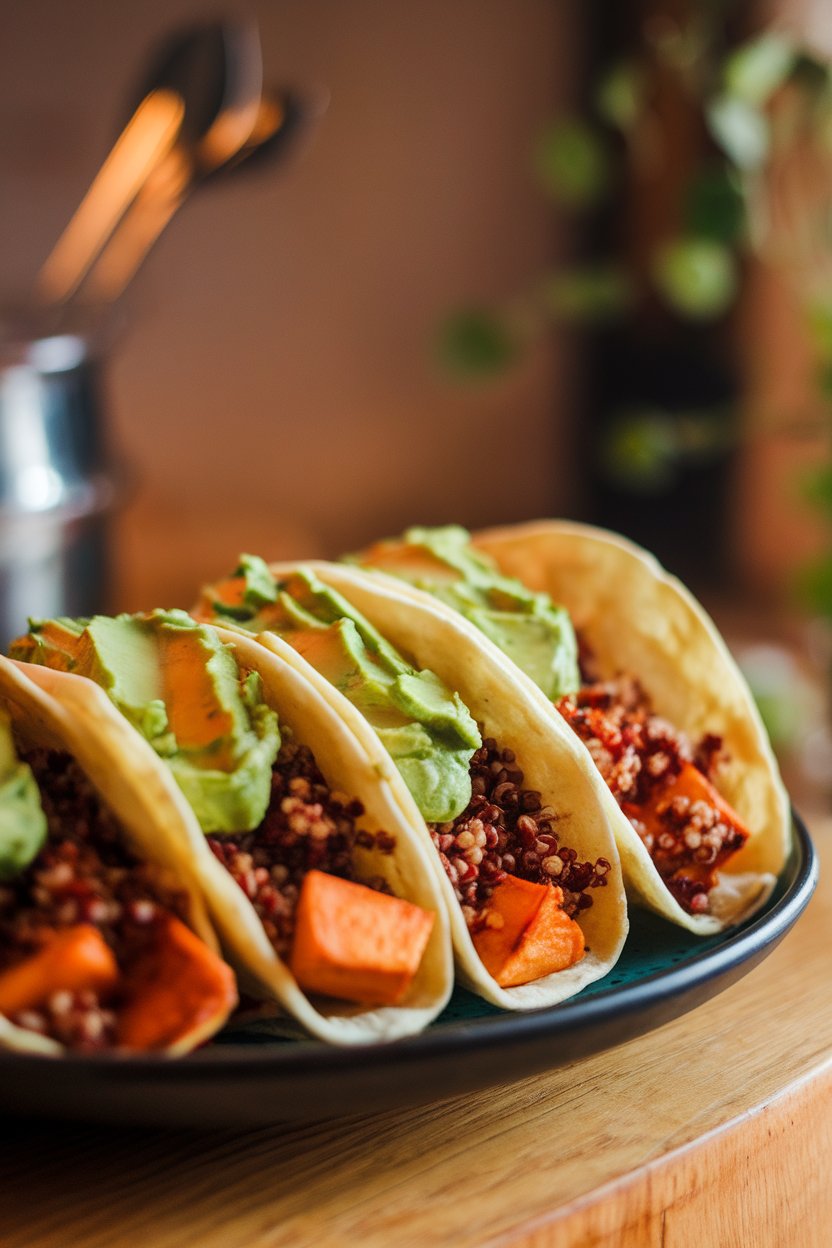 Photo indoors of tacos filled with roasted chipotle sweet potatoes, red quinoa, and avocado crema. No text or logos visible.