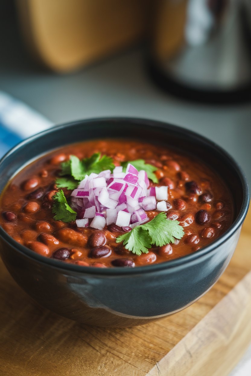 Indoor photo of thick black bean soup topped with diced red onion and cilantro in a dark bowl, no text or logos
