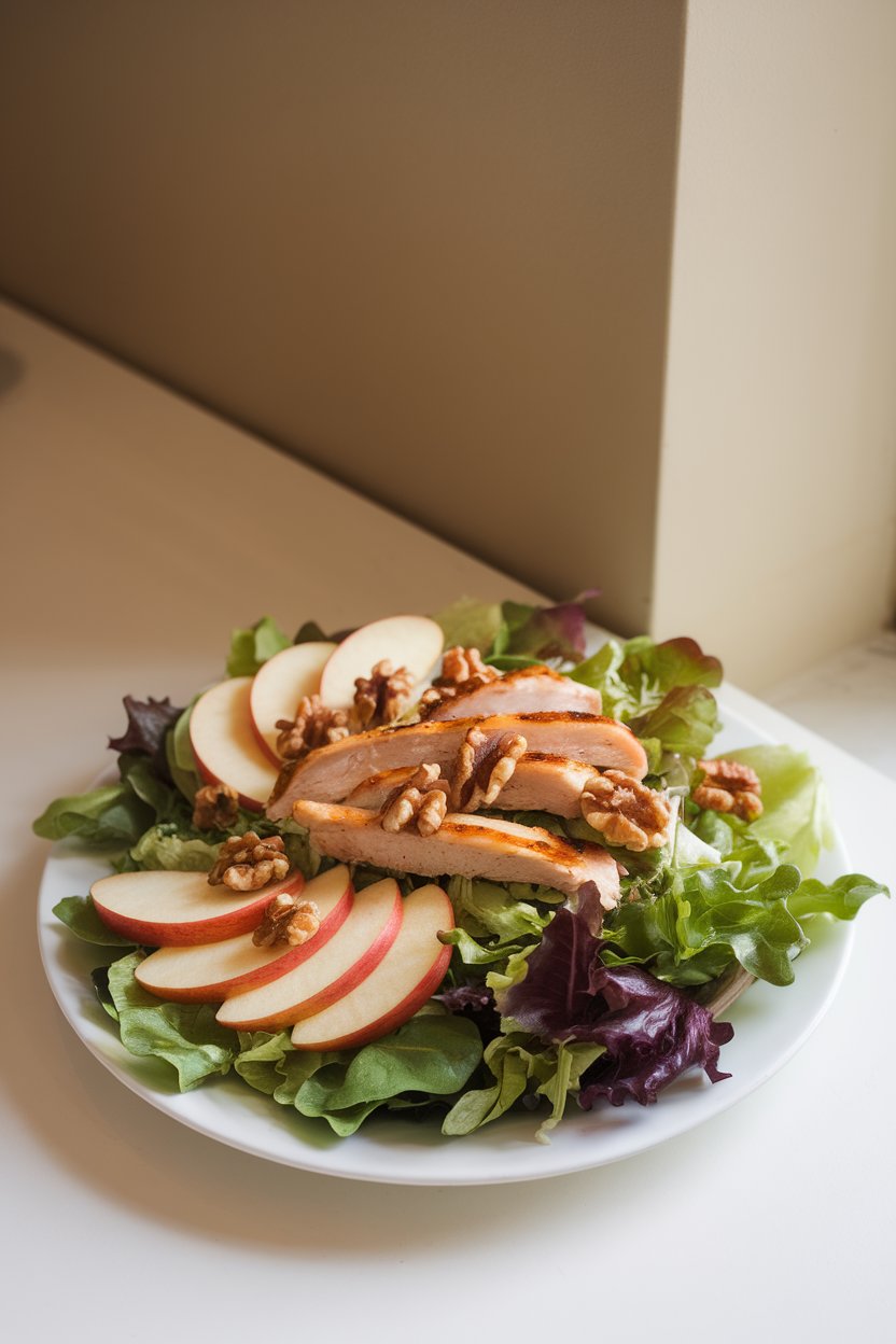 An indoor salad plate with mixed greens, sliced apple, grilled chicken strips, toasted walnuts, and light vinaigrette; no text or logos; photo.