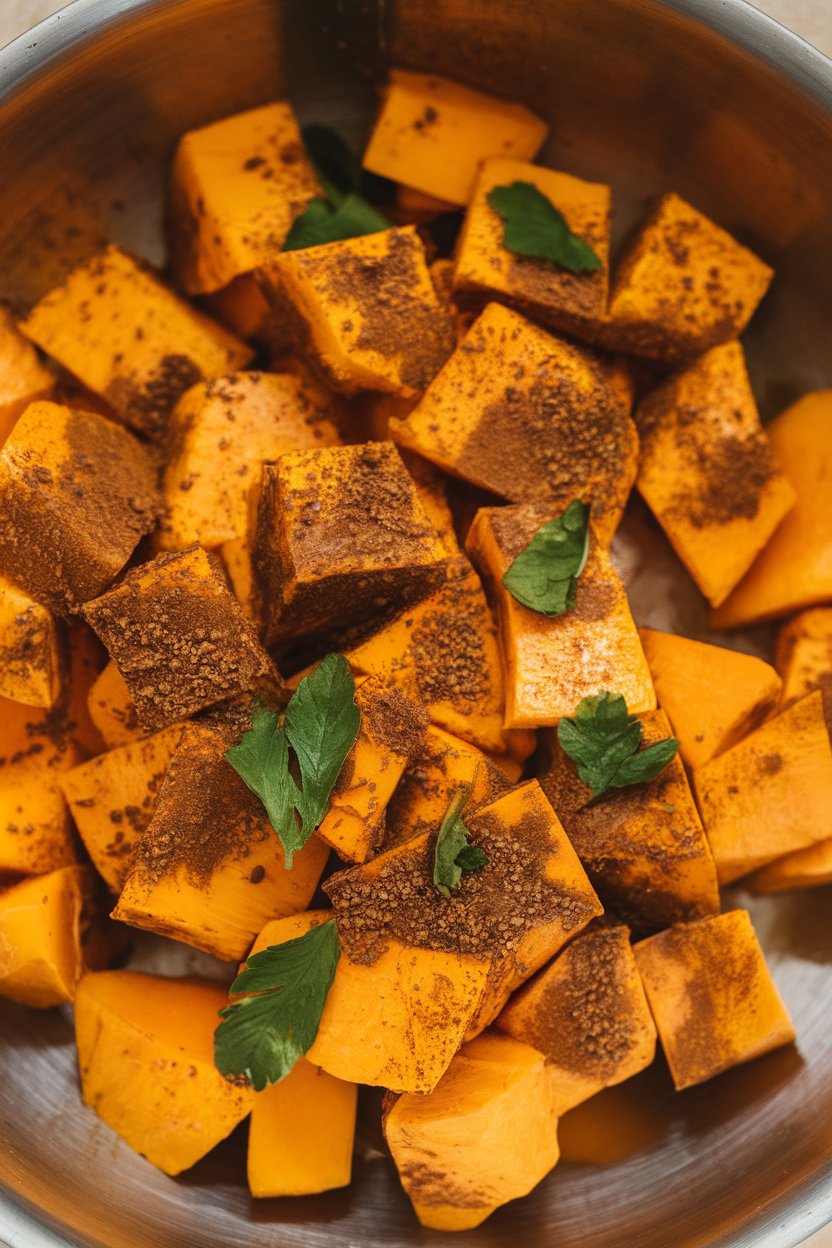 Indoor food photo of diced butternut squash coated in warm spices in a shallow bowl; coriander leaves sprinkled, no text or logos.