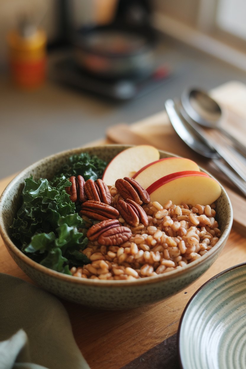 Warm indoor bowl containing cooked farro, sautéed kale, apple slices, and toasted pecans. No branding or text.