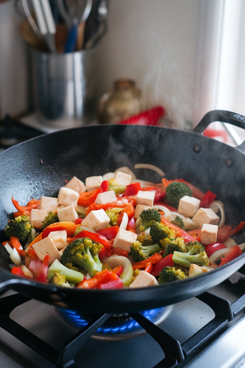 An indoor wok on a stovetop brimming with colorful stir-fried veggies and tofu cubes, steam rising, no text or logos, photo only