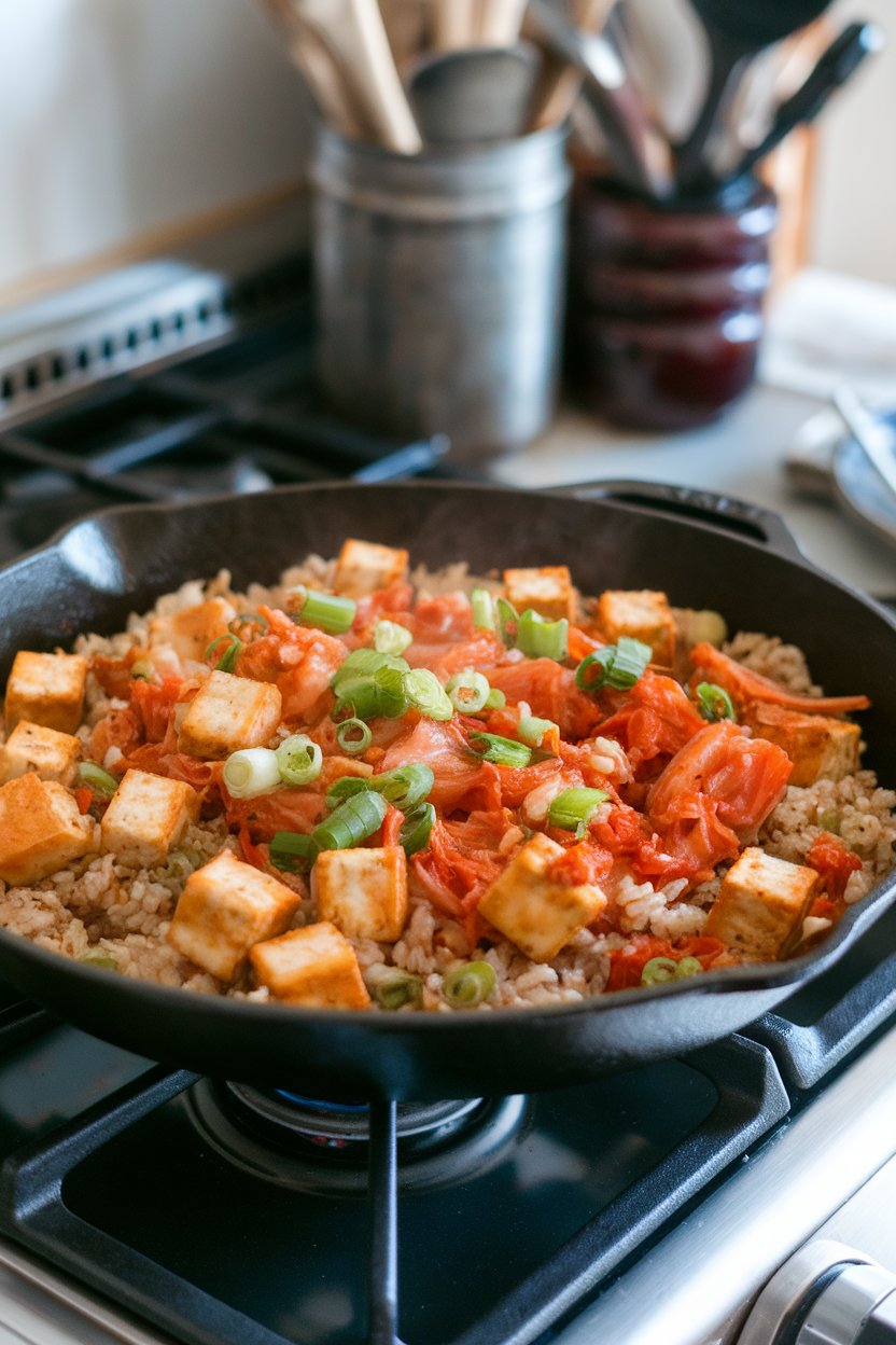 A cast-iron skillet on an indoor range filled with kimchi-studded brown rice, crispy tofu cubes, and scallions. No text or logos; photo, not illustration.