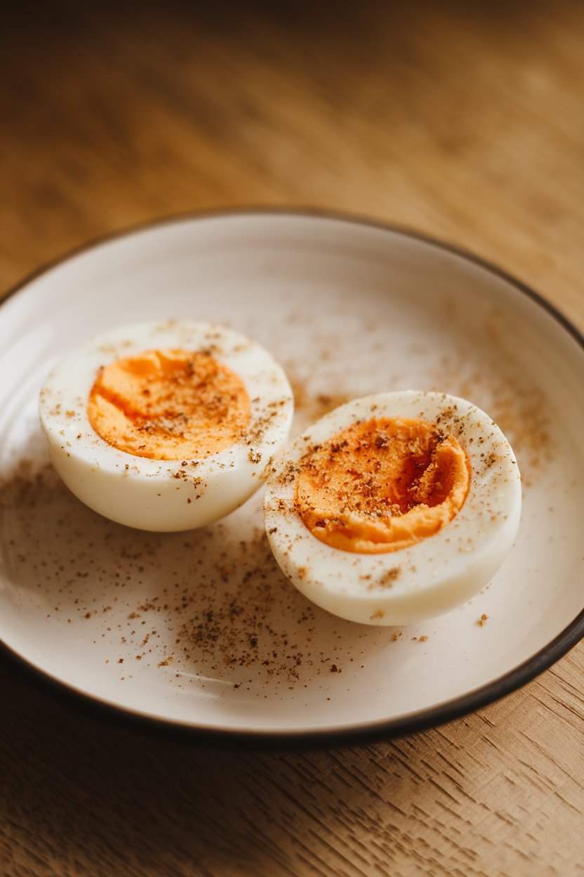 A warmly lit indoor table featuring peeled hard-boiled egg halves dusted with everything bagel seasoning on a simple white dish. No text or logos in the scene.