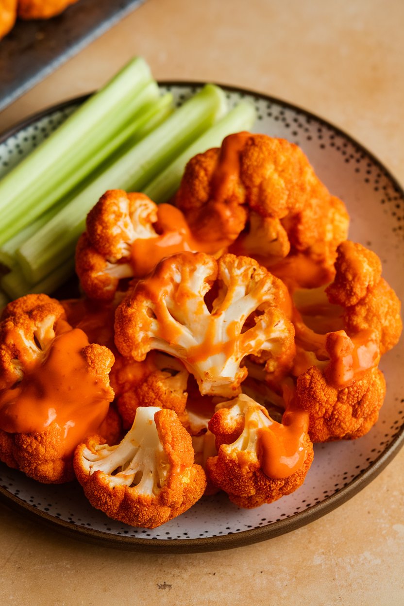 An indoor appetizer platter with breaded cauliflower florets coated in bright orange buffalo sauce, celery sticks on the side; photo only, no text or logos.