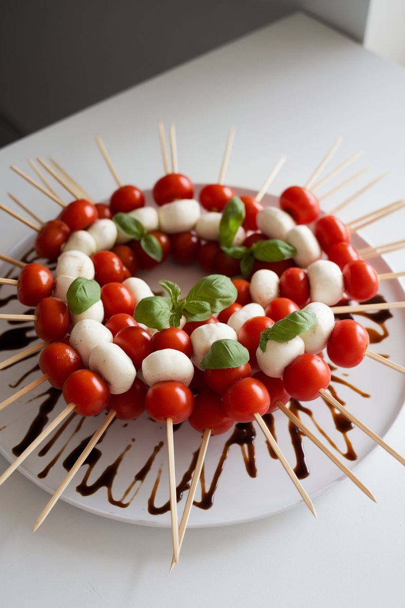 Short bamboo skewers with cherry tomatoes, mini mozzarella balls, and basil leaves on a white indoor platter, balsamic drizzle glistening. No text or logos. Photo, not illustration.