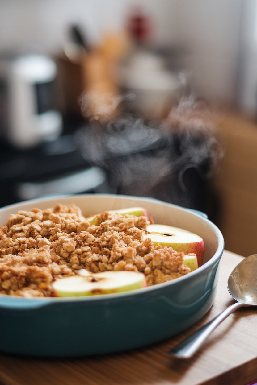 Photo of a baking dish indoors holding warm apple halves topped with golden oat crumble, steam rising gently. No text or logos.