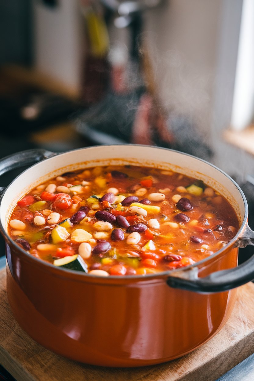 Photo of a pot of colorful minestrone soup with beans, zucchini, and tomatoes, steam rising indoors. No text or logos on cookware.