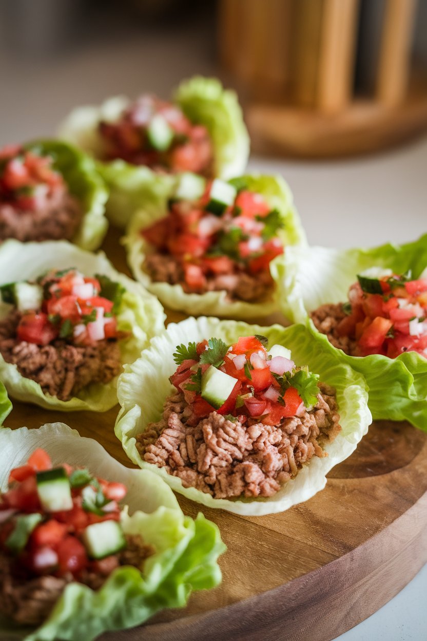 Photo of crisp iceberg lettuce cups indoors filled with ground turkey, pico de gallo, and diced cucumber. Soft overhead lighting, no text or logos.