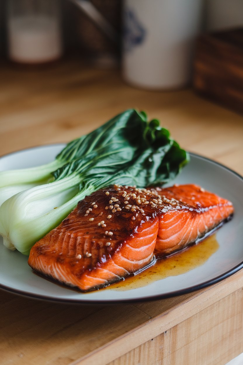 An indoor plate featuring a cooked salmon fillet glazed in miso and sesame, alongside bright green steamed bok choy; no text or logos; photo