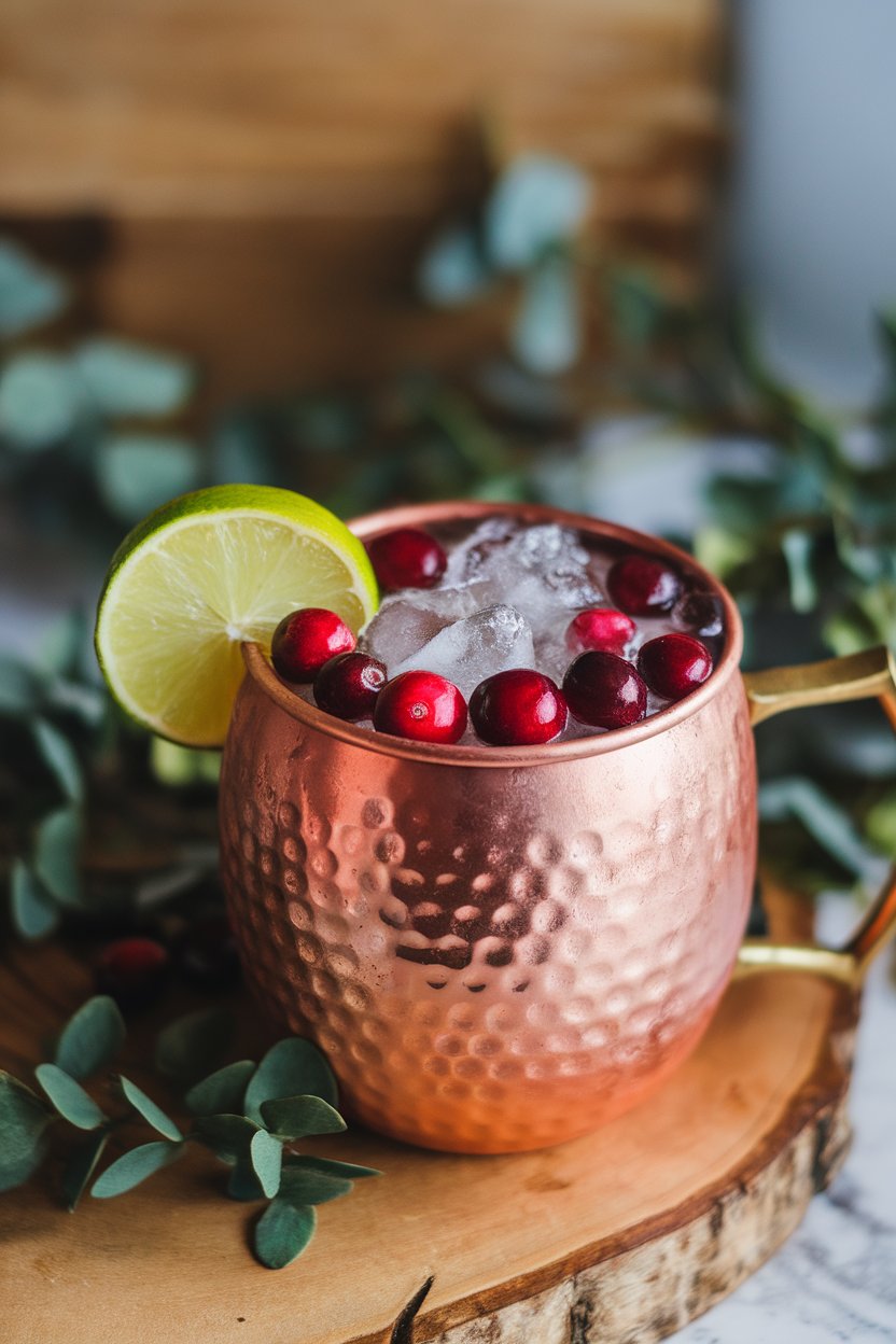 Indoor scene with a copper mug of cranberry mule, fresh cranberries and lime wedge floating on crushed ice. No text or logos on mug.