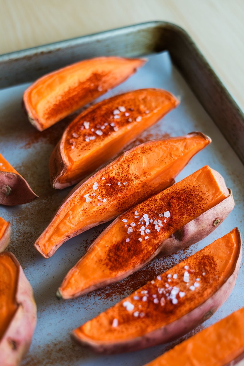 Indoor photo of orange sweet potato wedges on a baking sheet, dusted with smoked paprika and sea salt. No text or logos; photo.