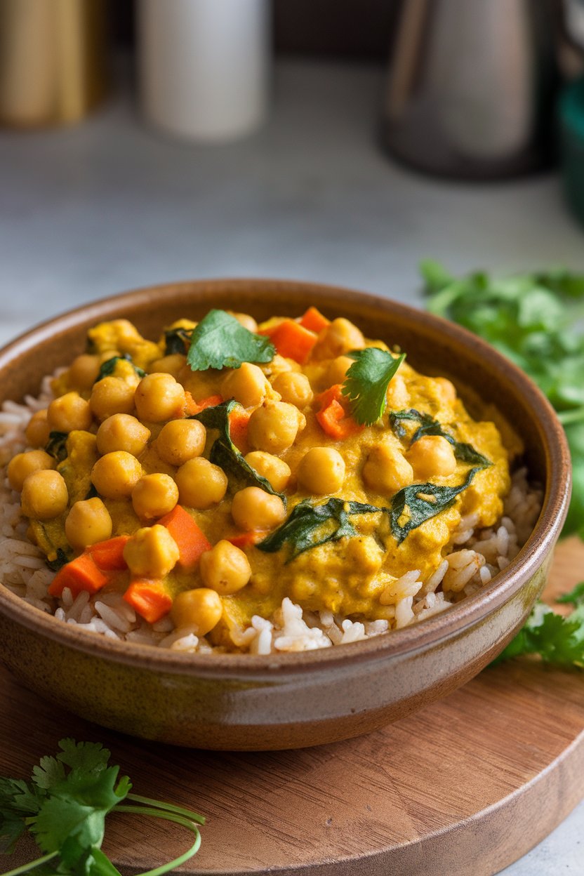 Indoor photo of a ceramic bowl of golden chickpea curry dotted with spinach and carrots, served over brown rice. No text or logos.