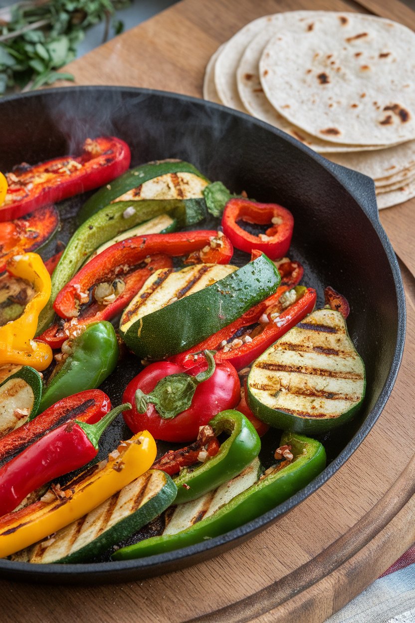 An indoor sizzling skillet of grilled peppers, zucchini, and onions seasoned with chili-lime, warm tortillas on the side; no text or logos.