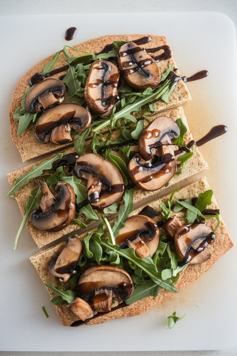 An indoor cutting board displaying a sliced whole-wheat flatbread topped with sautéed mushrooms, arugula, and balsamic glaze. No text or logos.