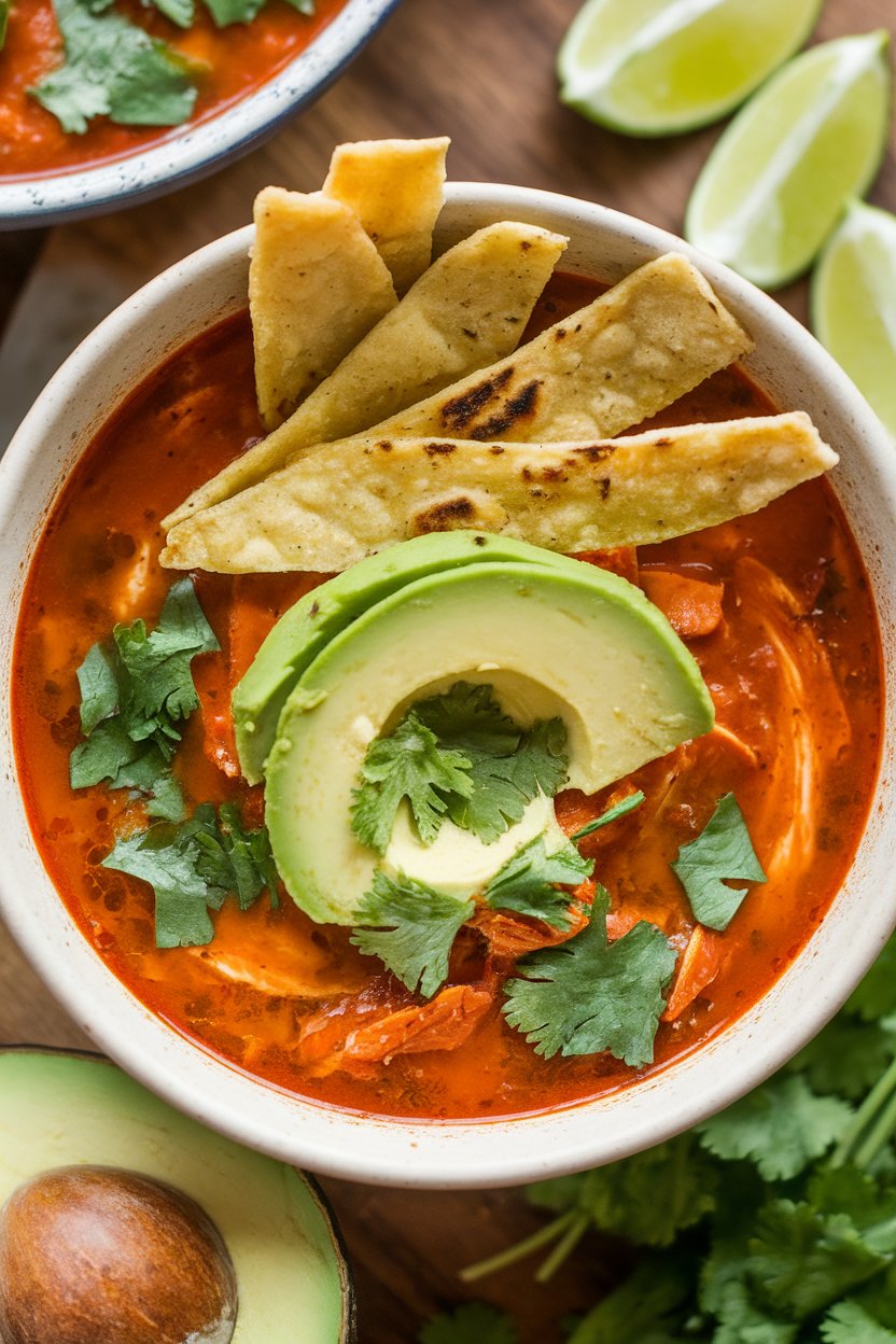 Indoor photo of a bowl of chicken tortilla soup, avocado slices and baked tortilla strips on top, no text or logos