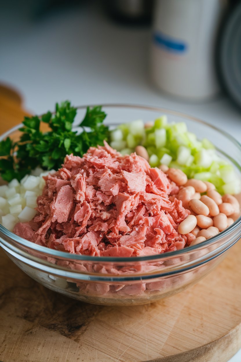 Photo of albacore tuna flakes, cannellini beans, diced celery, and parsley in a bowl set indoors, no text or logos.