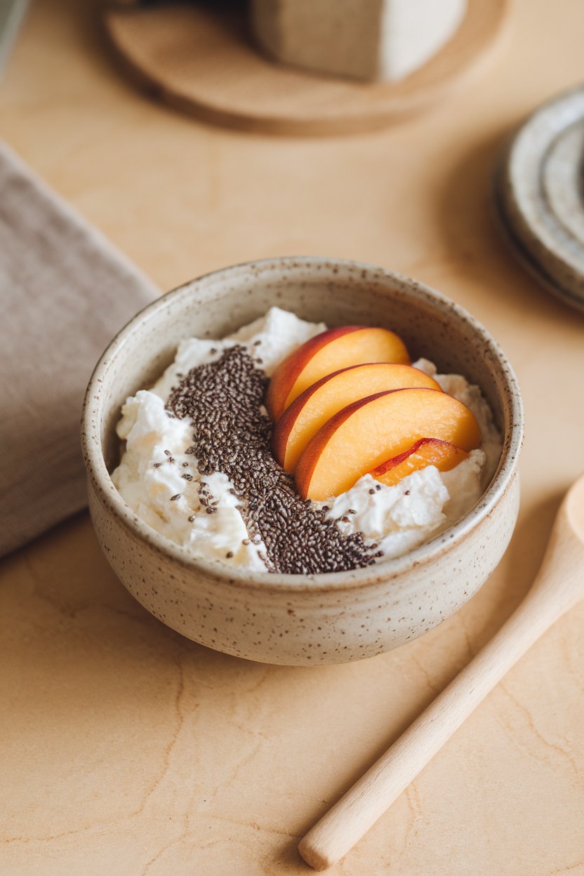 A ceramic bowl indoors holding cottage cheese topped with fresh peach slices and chia seeds, photo, no text or logos.