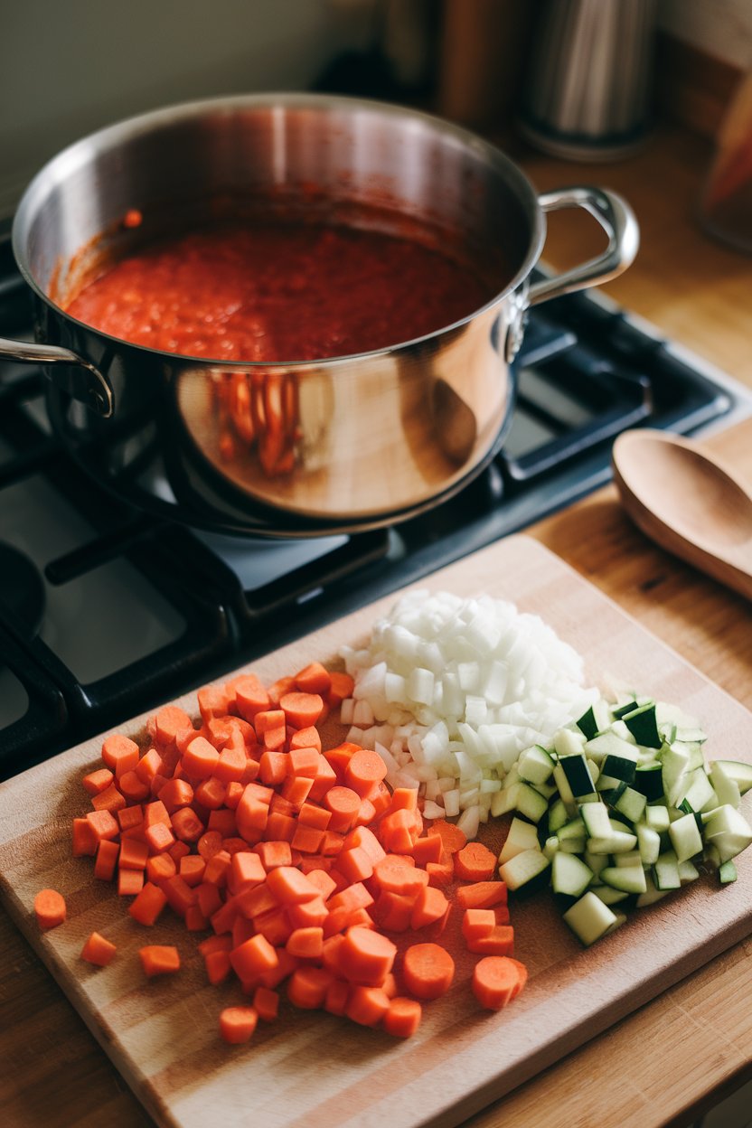 Indoor photo of finely diced carrots, zucchini, and onions on a cutting board beside a pot of tomato sauce simmering. Warm, cozy lighting, no text or logos.