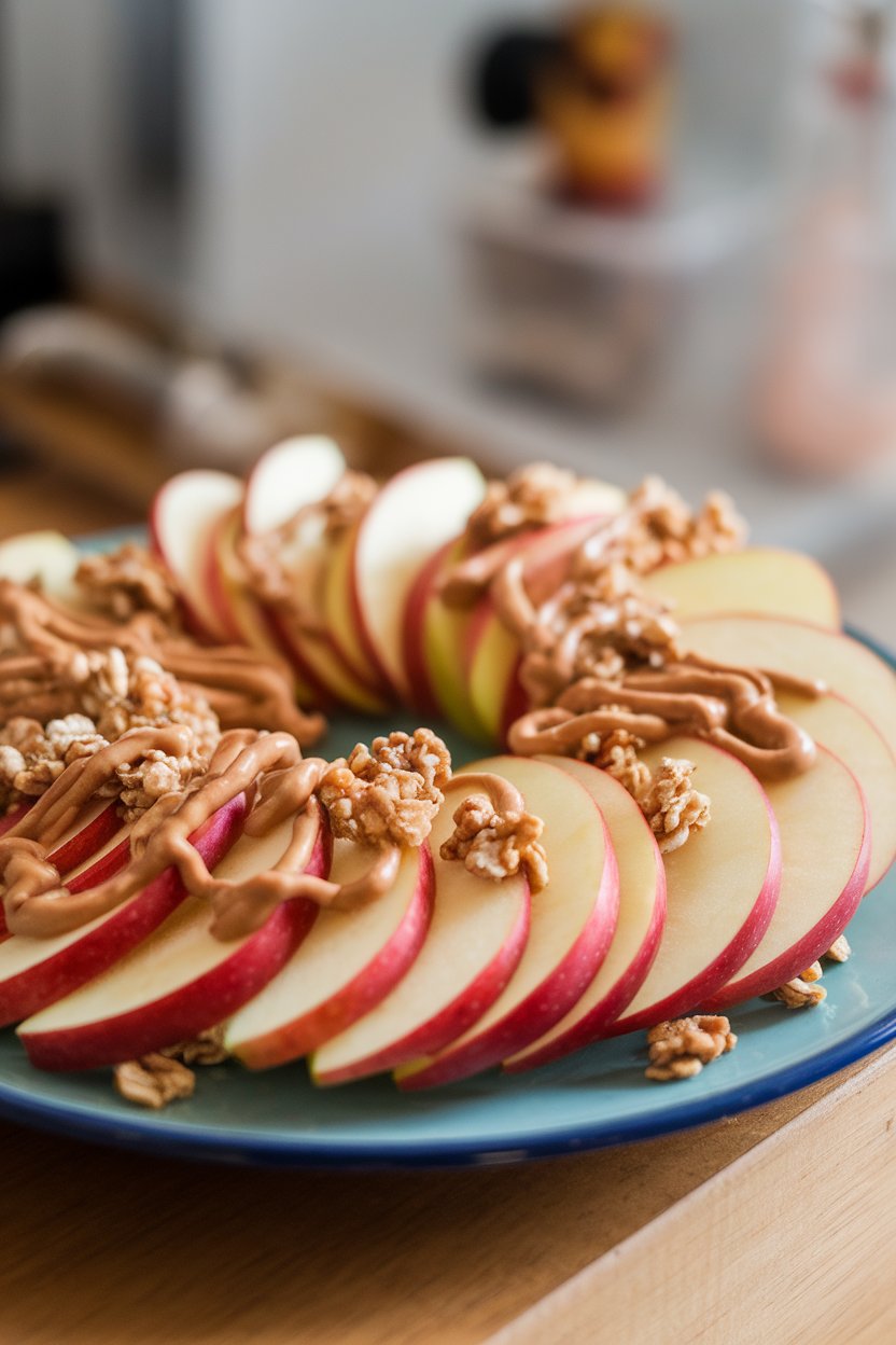 An indoor plate of thin apple slices arranged like chips, drizzled with warm peanut butter and topped with granola bits. Photo only, no text or logos.