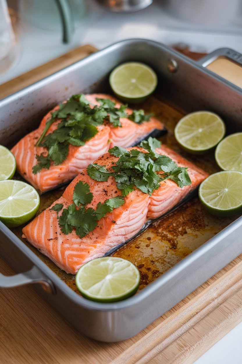 An indoor baking dish showing cooked salmon fillets topped with chopped cilantro and lime wedges; no text or brands.