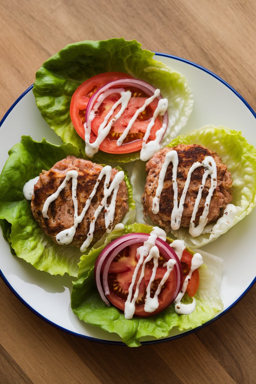 Indoor plate with turkey patties wrapped in large lettuce leaves, tomato, red onion, and tzatziki drizzled on top. No logos.