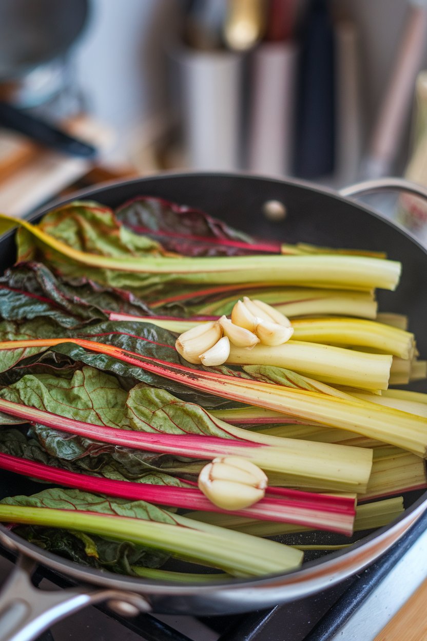 Indoor photo of colorful Swiss chard ribbons wilting in a skillet with sliced garlic. No text or logos; photo.