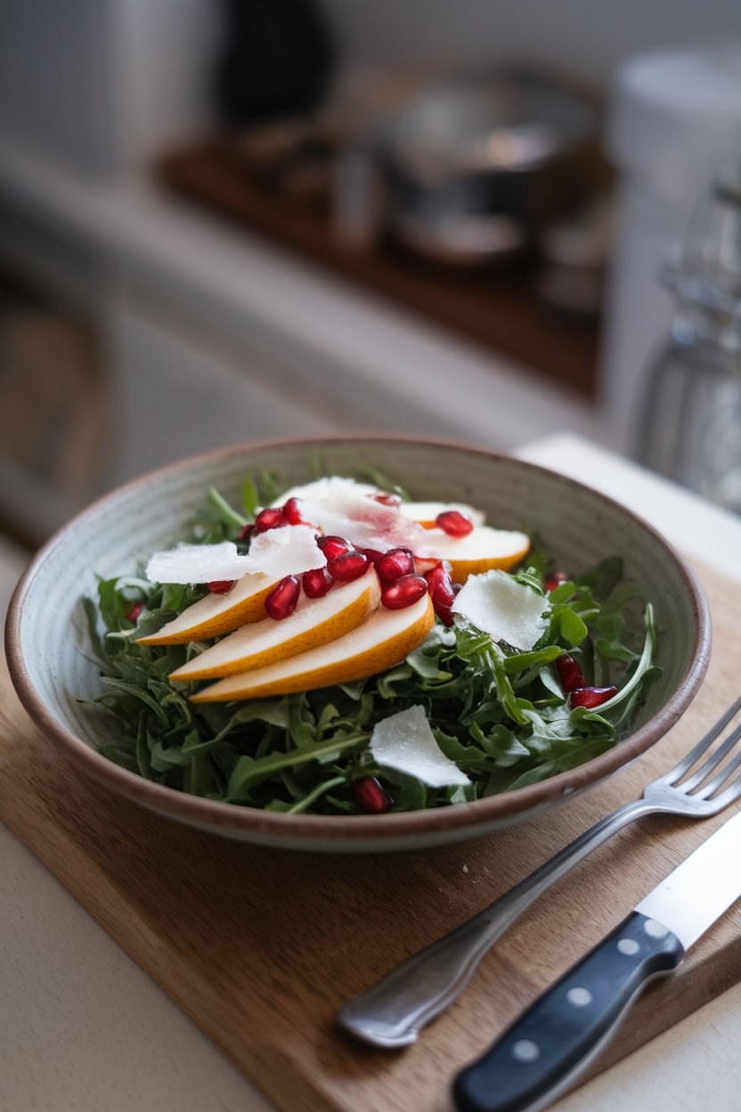 A shallow bowl indoors holding arugula topped with pear slices, pomegranate arils, and shaved Parmesan—no logos or text. Photo.