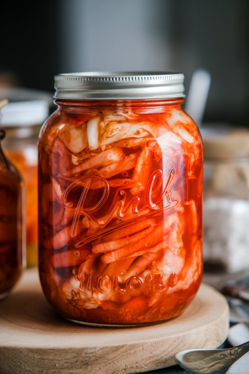 Indoor photo of a jar of vibrant red kimchi with napa cabbage and carrots, bubbles visible, no text or logos.