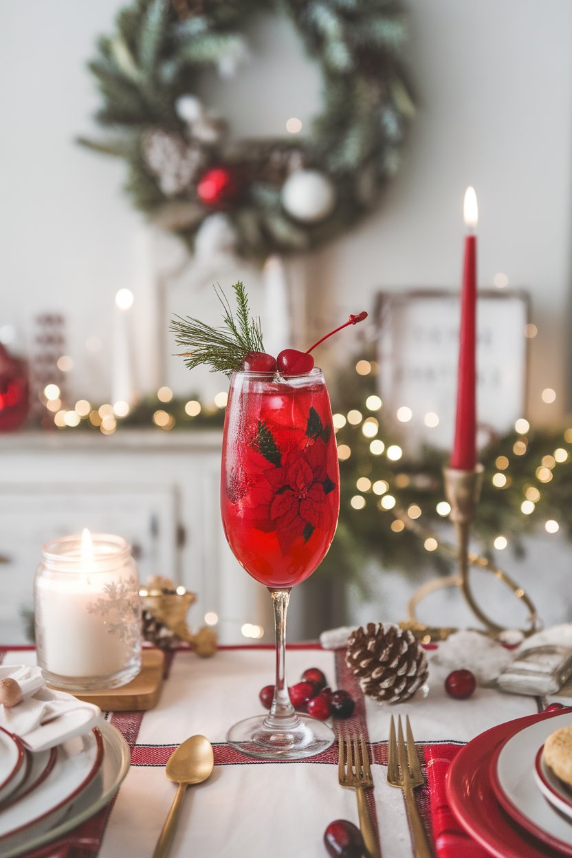 An indoor holiday table showing a flute of bright red Poinsettia cocktail with floating cranberries. No text or logos.