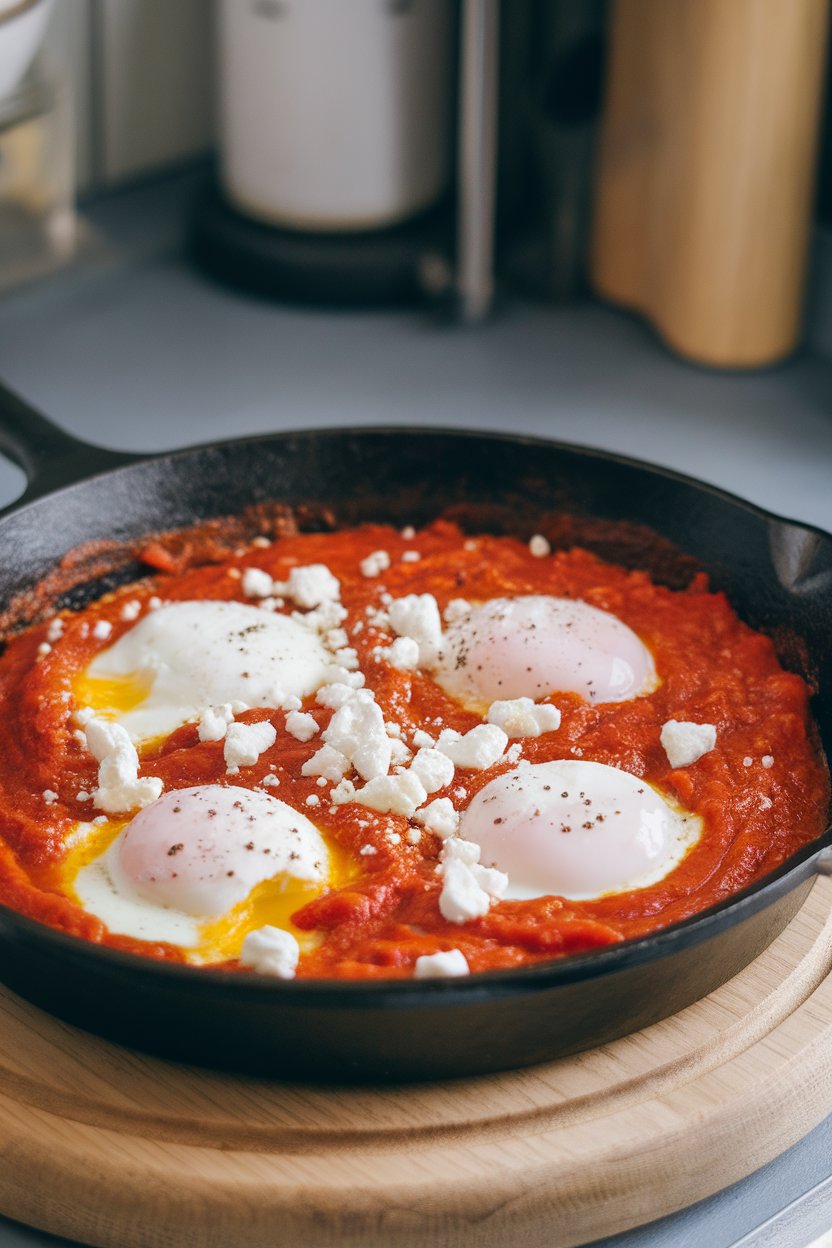 Indoor cast-iron skillet filled with tomato-pepper sauce and poached eggs, crumbled feta sprinkled on top. Photo only, no text or logos.