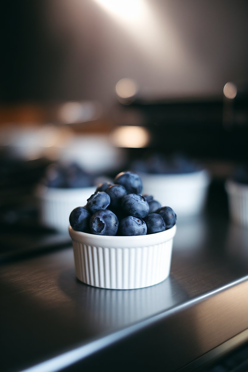 Photo of a small white ramekin filled with fresh blueberries on an indoor countertop, soft spotlight from above, no text or logos