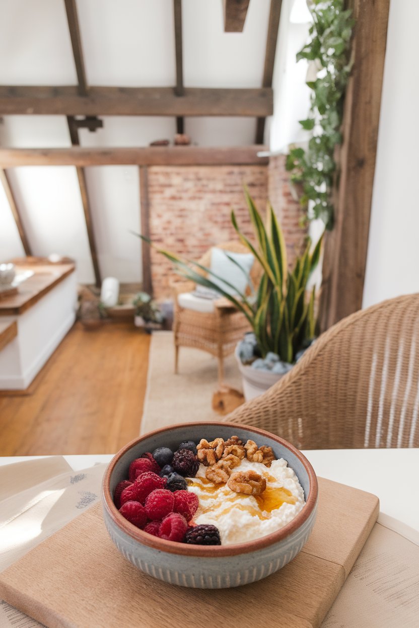 Bright indoor breakfast nook displaying a ceramic bowl filled with cottage cheese, mixed berries, toasted walnuts, and a drizzle of honey. Photo, no text or logos present.