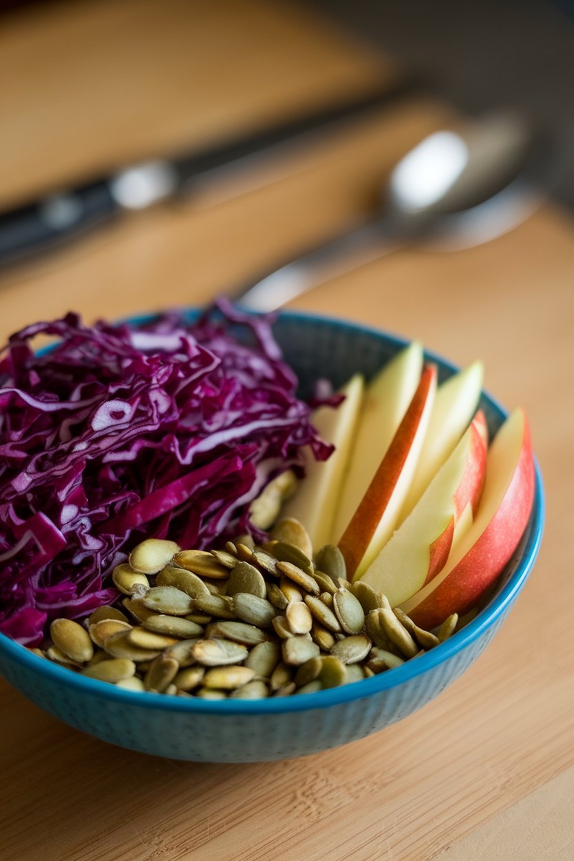 Photo of shredded red cabbage, julienned apple, and roasted pumpkin seeds in a bowl indoors, no text or logos.