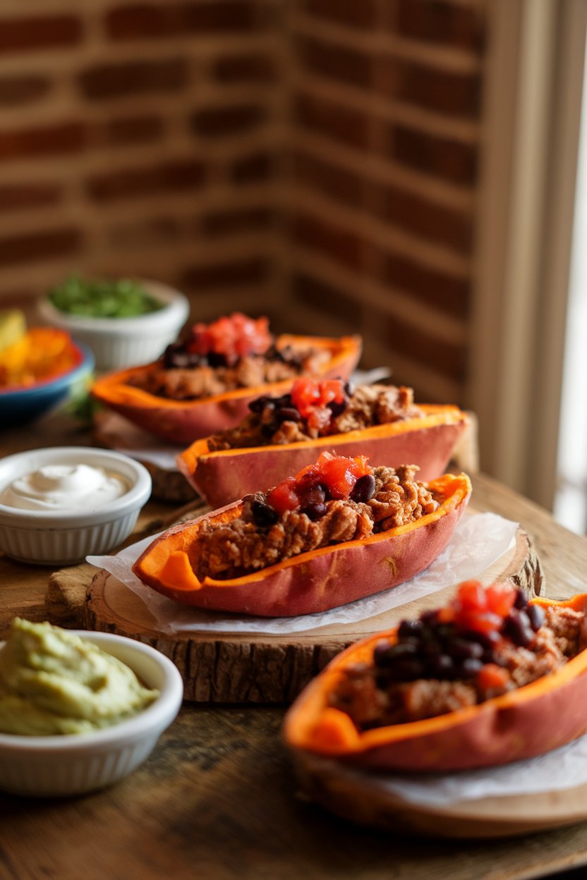 A warmly lit indoor table displaying colorful sweet potato taco boats topped with black beans and salsa; no logos. Photo.