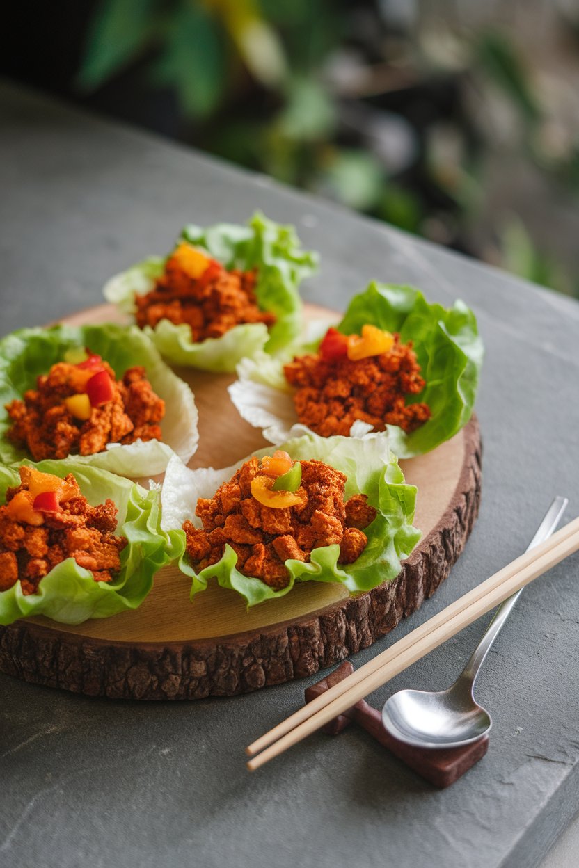 An indoor serving board with crisp lettuce cups filled with spiced crumbled tofu, colorful bell pepper bits sprinkled on top. No text or logos. Photo, not illustration.